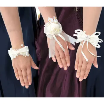 7piece/lot Panglică Rose Silk Bow Corsaj de mână de Onoare Brățară de Mână de Flori de Nunta de Perle de Cristal Flori Pe Încheietura mâinii PartyHE