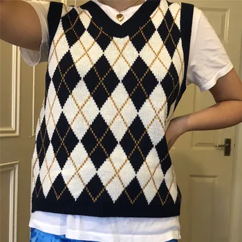 HEYounGIRL Stil Preppy Argyle Tricotate Pulover Vesta Casual fără Mâneci Epocă V Neck Jumper Femei Y2K Drăguț Toamna Pulover 2020