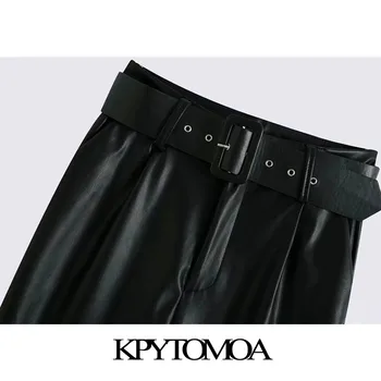 KPYTOMOA Femei 2020 Moda Chic Cu Centura Buzunare Laterale Pantaloni din Imitatie de Piele de Epocă Talie Mare cu Fermoar Zbura de sex Feminin Pantaloni Mujer
