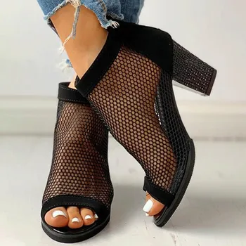 COOTELILI 2020 Sandale Femei Pantofi Deget de la picior Deschis la Mijlocul Toc de Vară de Moda pentru Femei Sandale de Pânză de Plasă Leopard de Imprimare Negru Casual de Bază