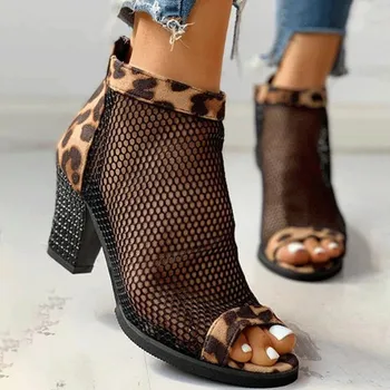 COOTELILI 2020 Sandale Femei Pantofi Deget de la picior Deschis la Mijlocul Toc de Vară de Moda pentru Femei Sandale de Pânză de Plasă Leopard de Imprimare Negru Casual de Bază