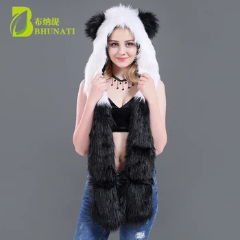 Noi de iarna Panda Faux Blana Gluga Cu Fular Mănuși de Animale Hote Pălărie Drăguț animale de Blană Faux Pălărie Cap Căciuli de Desene animate Lup Pălăria