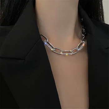 Exagerat De Mare Lanț Gros De Metal Decorative Colier Moda Pentru Femei Scurte Clavicula Lanț Flash Cristal Lanț Pulover