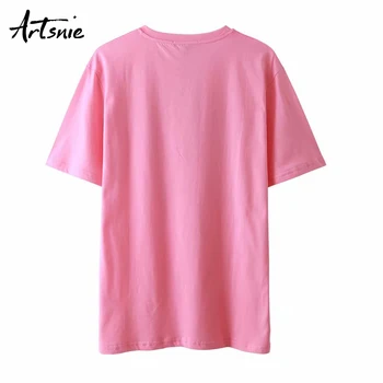 Artsnie streetwear print casual pentru femei tricou de vară o-gat maneci scurte topuri femme roz tricotate supradimensionate t-shirt mujer