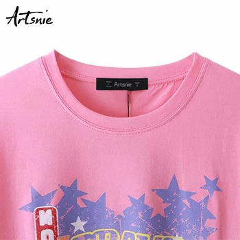 Artsnie streetwear print casual pentru femei tricou de vară o-gat maneci scurte topuri femme roz tricotate supradimensionate t-shirt mujer
