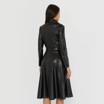 Pu Piele Sexy Rochie a-Line Eșarfe Buzunare Maneca Lunga Iarna Rochie Neagră 2020 Elegant de Epocă Noua Moda Streetwear