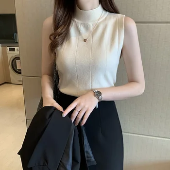Coreea Moda Doamnelor Topuri Primavara Vara Noi Femeile Topuri Haine Casual Solidă Fără Mâneci Femei Bluza Tricot Elastic Blusas 8623 50