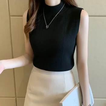 Coreea Moda Doamnelor Topuri Primavara Vara Noi Femeile Topuri Haine Casual Solidă Fără Mâneci Femei Bluza Tricot Elastic Blusas 8623 50