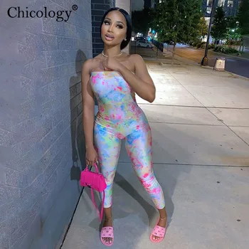 Chicology tie dye pe umăr neon salopeta lunga cu pantaloni elegant costum de petrecere femei de vară 2020 streetwear-sexy bodycon haine