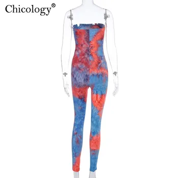 Chicology tie dye pe umăr neon salopeta lunga cu pantaloni elegant costum de petrecere femei de vară 2020 streetwear-sexy bodycon haine