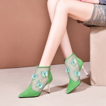 În 2020, Noi Femeile Fluture Cizme de Moda Toamna Verde pantofi cu Toc pentru Femei Strălucitor Toc Plasă de Petrecere Pantofi de Cristal Elegant Bal Pompe
