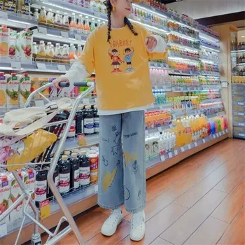 Coreeană Blugi Femei Streetwear Drăguț Blugi Drepte Femme Vara Albastru Pantaloni De Marfă Streetwear Rece Harajuku Blugi Largi De Sex Feminin