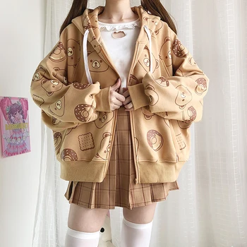 Harajuku Kawaii Urs Zip Up Hoodie Femei Drăguț Lână Sacou Cu Gluga Fete Adolescente Iarna Supradimensionate Maneca Lunga Îmbrăcăminte Exterioară Palton