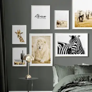 Africa De Animale Arta De Perete Panza Pictura Leu, Elefant, Girafa Cactus Nordic Postere Si Printuri Poza Perete Pentru Living Decorul Camerei