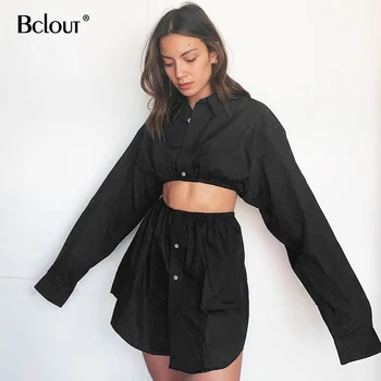 Bclout Casual Negri Bumbac Crop Top Pentru Femei Bluza De Moda De Primăvară Rândul Său, În Jos Guler Camasa Maneca Lunga Single-Breasted Topuri 2021