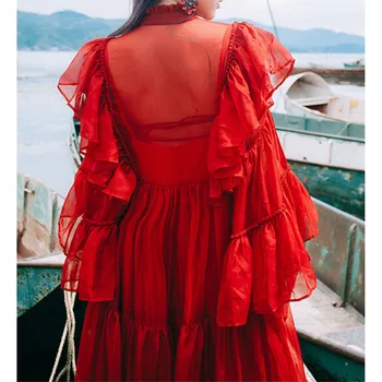 Vacanță În Stil Boho Chic Lung Roșu Șifon Maxi Rochie Femei Vara Toamna Epocă Volan Arc Guler Flare Sleeve Unduiri Rochie