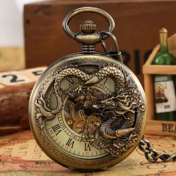 Bronz antic Dragon Mecanice Ceas de Buzunar Skeleton Mână-Vânt Flip Ceas Steampunk Fob Ceasuri cu Lanț Cadou pentru Barbati Femei