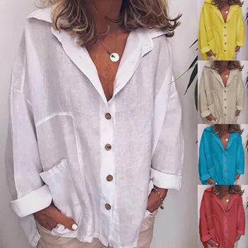 DIOROBBEN Toamna cu Maneca Lunga Lenjerie de pat din Bumbac Tricouri Plus Dimensiune Moda Vintage Tricouri topuri Casual guler de turn-down pentru femei bluze
