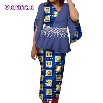 2 Piese Set Haine Africane pentru Femei Fuste si Topuri Set Bluza Eleganta si Fuste Lungi din Africa de Imprimare de Costume de Îmbrăcăminte WY8375