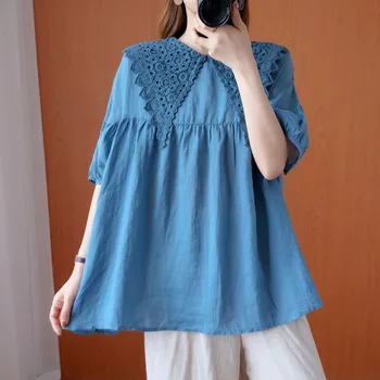 Supradimensionate Pentru Femei Lenjerie De Pat Din Bumbac Bluze Noi De Vară 2020 Simplu Stil Vintage Dantela Guler Marinar Doamnelor Bluze Casual Tricouri S1812