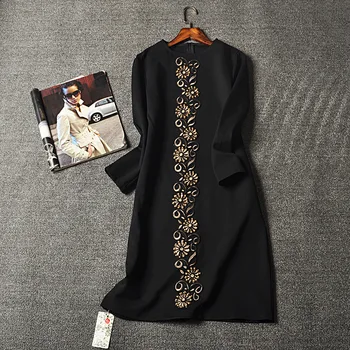 Rochie Pentru Femei 2020 Toamna Streetwear-O linie Solidă Maneca Trei Sferturi Aplici Imperiu O-gât Iarna Femei Rochii L-3XL
