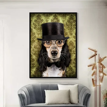 Alb și negru Elegant Câine, Pisică, Lup, Vulpe Arta de Perete Postere Si Printuri de Animale Purtând o Pălărie cu Pene de Panza Pictura Decor Acasă
