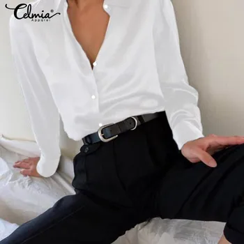 Celmia 2021 Toamna de Moda pentru Femei Mâneci Lungi din Satin Bluza Vintage Butonul de Jos Rever Gât Strada Camasi Elegante OL Mătase Topuri 5XL