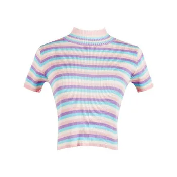 2019 Vara inghetata de culoare tee-shirt scurte de sex feminin Drăguț t-shirt cu dungi curcubeu slim tricotat de Sus Maneca Scurta Guler