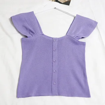 Vara Topuri Pentru Femei 2019 Coreean Streetwear Fata Buton Culoare Solidă Gât Pătrat Vesta Tricotate Rezervor De Top Alb / Violet / Verde