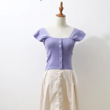 Vara Topuri Pentru Femei 2019 Coreean Streetwear Fata Buton Culoare Solidă Gât Pătrat Vesta Tricotate Rezervor De Top Alb / Violet / Verde