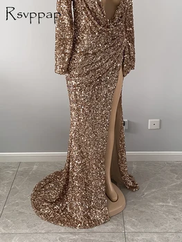 Timp Sclipitoare Rochii de Seara 2021 Maneca Lunga Sexy Fantă de Mare V-neck Sirena Rose Gold Sequin Dubai Femei Rochii Formale