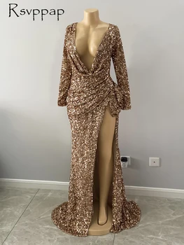 Timp Sclipitoare Rochii de Seara 2021 Maneca Lunga Sexy Fantă de Mare V-neck Sirena Rose Gold Sequin Dubai Femei Rochii Formale
