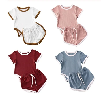 0-24M Toddler Copii Băieți Fete din Bumbac Casual Set Solid Short Sleeve Romper Topuri+pantaloni Scurți 2 buc Haine de Vara 4 Culori
