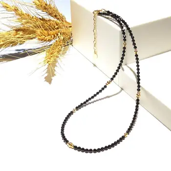 Lii Ji Mini 3mm Negru Spinel Naturale Piatra Colier cu Margele Spumante American Aur de 14K Umplut Bijuterii lucrate Manual 40cm+5cm