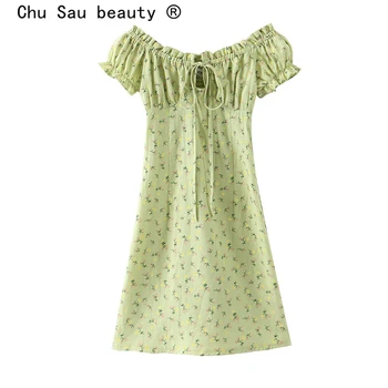 Chu Sau frumusețe Nouă Casual Elegant Florale de Imprimare Rochie Mini Femeile Vacanță Slash Gât Rochie de Vara Elastic Spate Volane Rochii pentru Femei