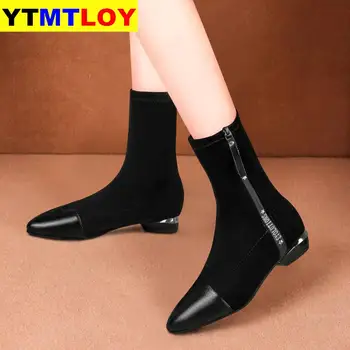 Moda cu Fund Plat Joasa Pantofi cu Toc Cizme de Mari Dimensiuni Cald Drumeții Zăpadă Botine Femei Subliniat cu Fermoar Lateral Turma Șosete cizme
