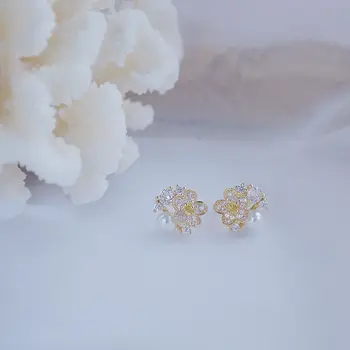 14k Aur veritabil Moda Bijuterii Cristal Pearl Floare Rafinat Drăguț Stud Cercei pentru Femei Petrecere de Vacanță Elegant Cercel