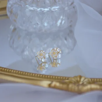 14k Aur veritabil Moda Bijuterii Cristal Pearl Floare Rafinat Drăguț Stud Cercei pentru Femei Petrecere de Vacanță Elegant Cercel