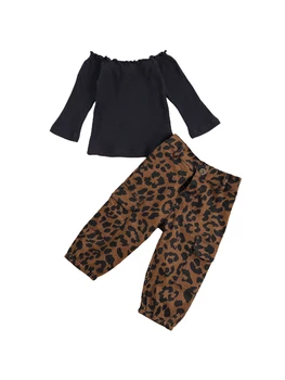 2 Buc Copil Fată Costum Casual, Solidă Maneca Lunga Nervuri Elastic Top Leopard Camuflaj Tie Dye Pantaloni Largi