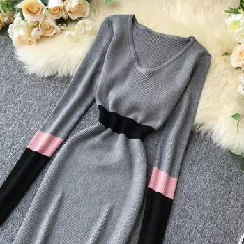 Vintage slim Sexy V-neck Pulover femei rochie de talie Mare maneca Lunga rochie din tricot 2020 Toamna Iarna coreean Bodycon Vestidos