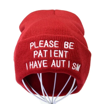 Vă rugăm să Fie Pacient Trebuie Autism scrisoare Femei Tricotate Pălărie cald iarna Căciuli de Oameni Broderie Hip Hop capac în aer liber Chelioși pălărie de schi