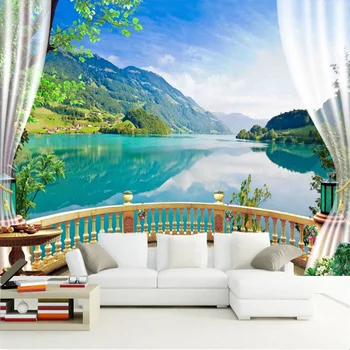 Tapet 3D Balcon Cer Albastru Lac, Pădure, Natură, Peisaj Foto picturi Murale Camera de zi Dormitor Fondul de Perete Papel De Parede
