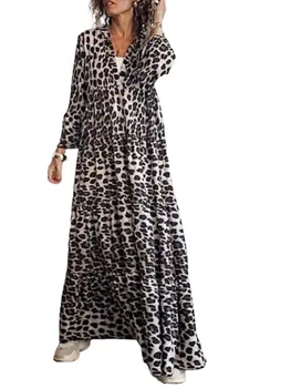 Vara Toamna Femeile Boeme Rochie de Leopard de Imprimare Doamnelor Flare Rochie cu Maneci Femei V-neck Rochii Lungi de Cumpărături de Călătorie, Datând de