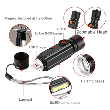 Incarcator USB LED Lanterna 18650 3800LM Lanterna Reîncărcabilă 4 Moduri de Zoom Tactice XML T6 COB Magnet în aer liber Camping Lanterna