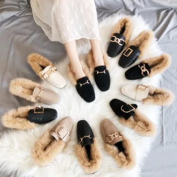 2020 moda lână haimana pantofi femei mai noi toamna și iarna pantofi plat pentru femei Papuci de blană, Plus catifea Mocasini pantofi