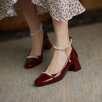 2021 primăvară piața perlei catarama toc gros pantofi Mary Jane nou casual all-meci moda mid-toc pantofi pentru femei