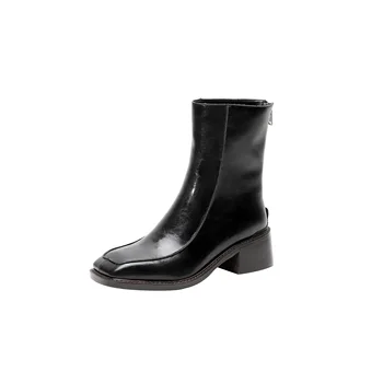 Piele naturala Pantofi pentru Femei 2019 Iarna Toamna Office Maro Negru Glezna Cizme 34-40 Dimensiune Deget de la picior Pătrat 5.5 cm Tocuri inalte, Botine
