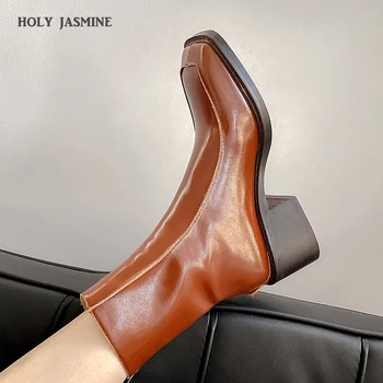 Piele naturala Pantofi pentru Femei 2019 Iarna Toamna Office Maro Negru Glezna Cizme 34-40 Dimensiune Deget de la picior Pătrat 5.5 cm Tocuri inalte, Botine