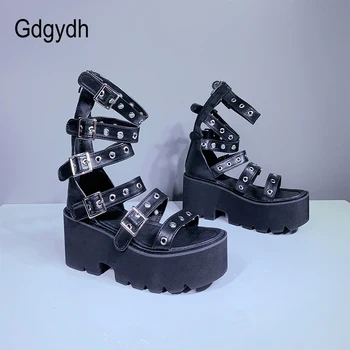 Gdgydh Sexy Nit Sandale Pantofi Femei Gladiator 2021 Noi De Vara Platforma Tocuri Negru Gotic Spate Cu Fermoar Toc Indesata Confortabil