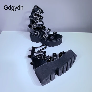 Gdgydh Sexy Nit Sandale Pantofi Femei Gladiator 2021 Noi De Vara Platforma Tocuri Negru Gotic Spate Cu Fermoar Toc Indesata Confortabil